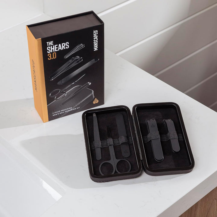 ® Shears 3.0, 5-Piece Precision Men’S Nail Grooming Travel Kit, Stainless Steel Manicure Set with Fingernail & Toenail Clippers, Nail File, Slant Tip Tweezers, Cuticle Scissors, Travel Case