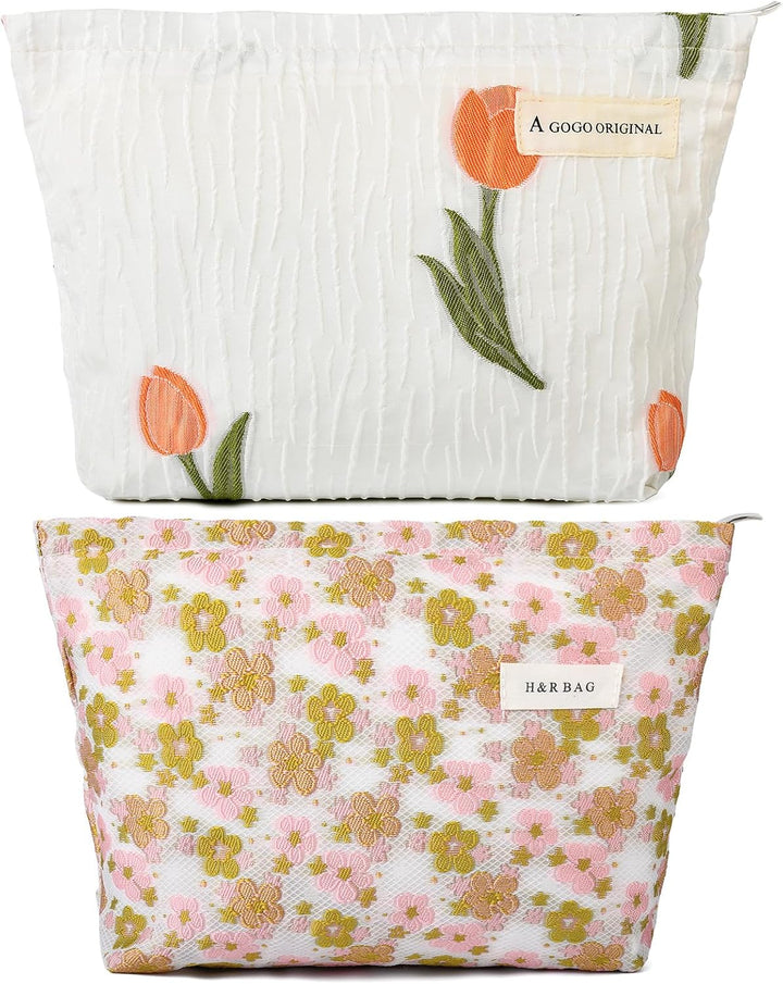 2 Pieces Makeup Bag Large Checkered Cosmetic Bag Capacity Canvas Mix Travel Toiletry Bag Organizer Cute Makeup Brushes Aesthetic Accessories Storage Bag for Women, Checkered Mix Rose Red