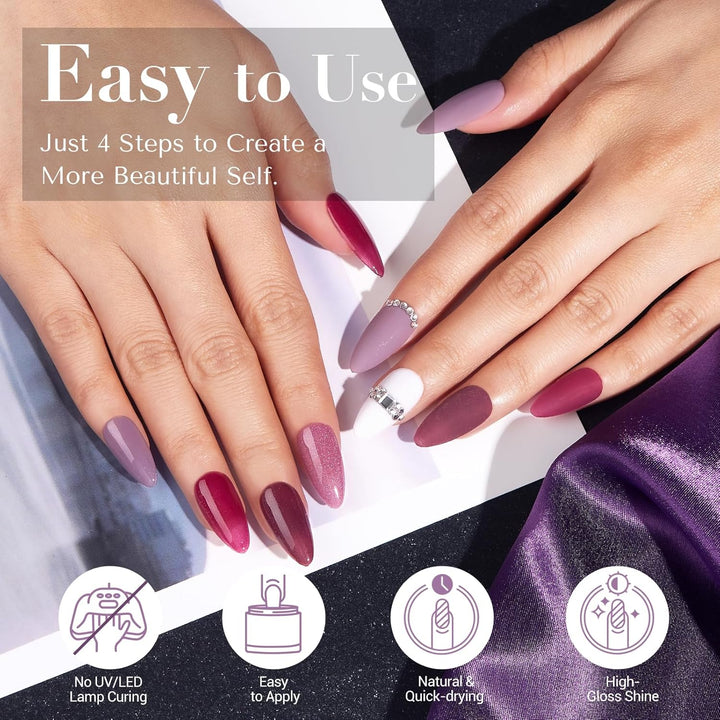 Dip Powder Nail Set, 6 Colors Fall Winter Purple Rose Red Glitter Natural Dipping Powder Starter Kit, French Nail Art Manicure DIY Salon, No Need Nail Lamp Cured