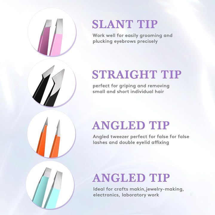 Tweezers for Women Facial Hair,Stocking Stuffers 4 Pack Tweezers for Eyebrows,Tweezer Set for Ingrown Hair, Plucking Daily Beauty Tool with Leather Travel Case for Gifts