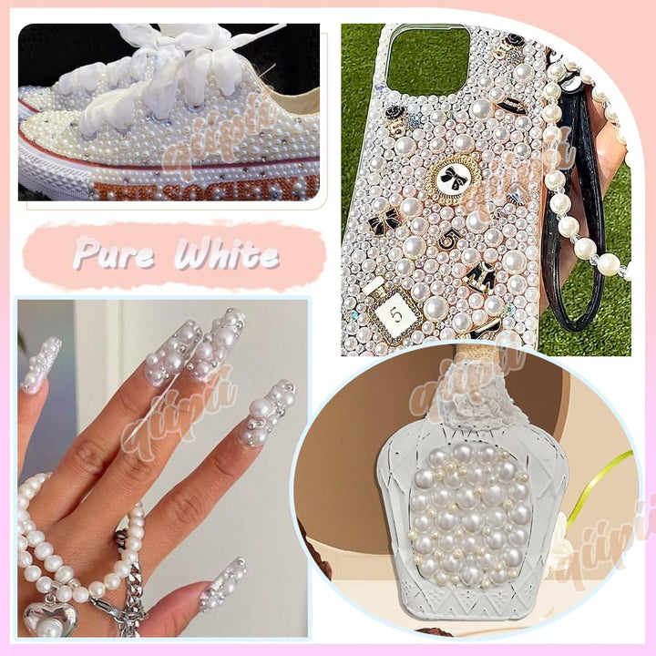 51G White Half Pearls for Crafting 4Mm 5Mm 6Mm 8Mm 10Mm Mix Sizes Pure White Flatback round Beads Charms for Nails Face Eyes Makeup Tumblers Bottles DIY Crafts Bedazzling Clothes Shoes Phones