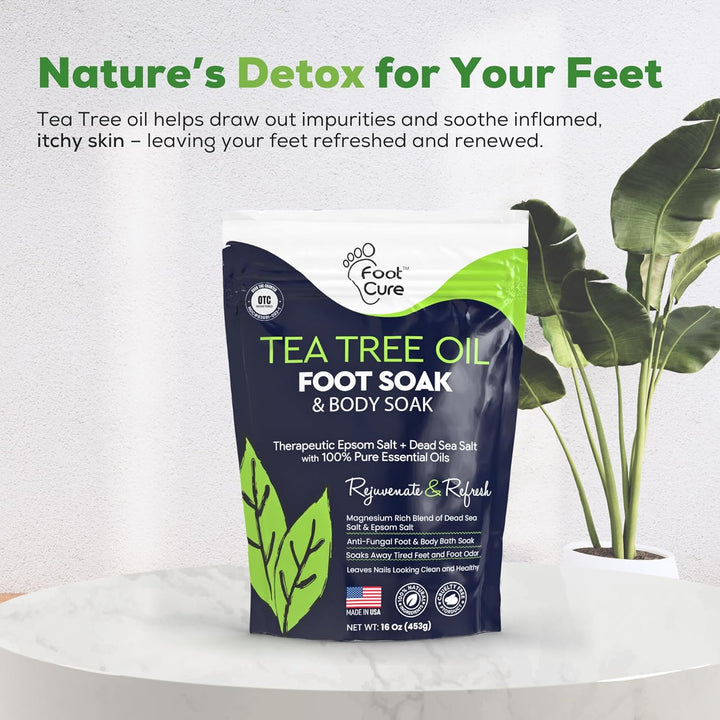 Tea Tree Oil Foot Soak with Epsom Salt - for Toenail Repair, Athletes Foot, Softens Calluses, Soothes Sore & Tired Feet, Nail Discoloration, Odor Scent, Spa Pedicure Care - Made in USA 16 Oz