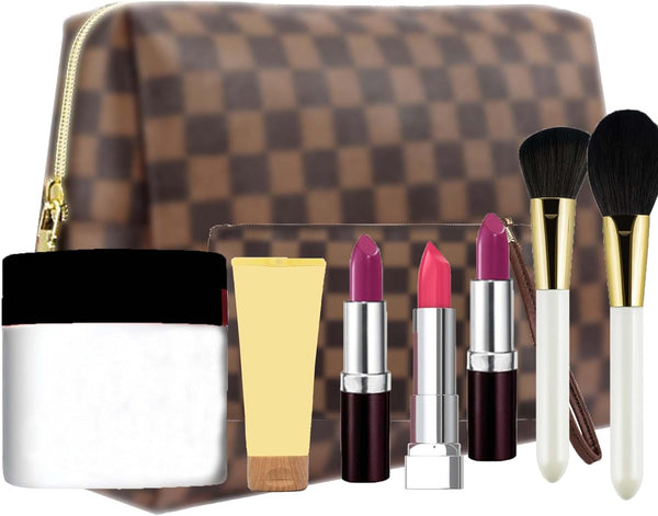 Makeup Bag, Cosmetic Bag, Portable Leather Large Checkered Makeup Bag, 2 Pack Large Capacity Travel Cosmetic Bag for Women, Lightweight Design and Waterproof Toiletries Bag Christmas Gifts