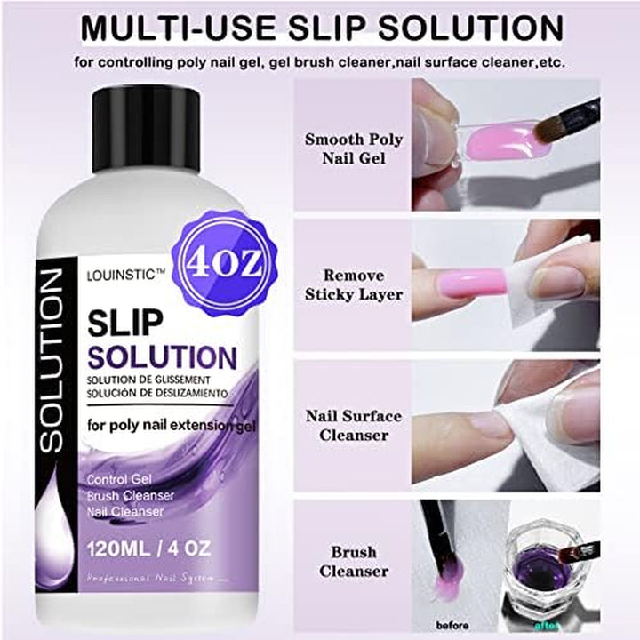 Poly Nail Gel Slip Solution - 4Oz Slip Solution for Poly Nail Extension Gel, Anti-Stick Slip Solution for Nails, Brush Clean Liquid, Easy to Use, Beginners, Home Salon