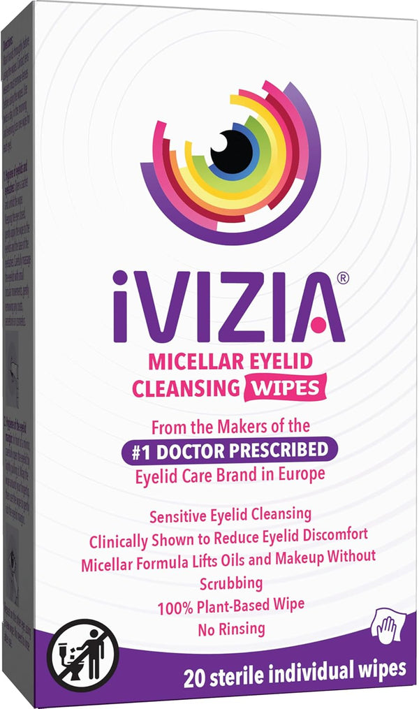 Eyelid Cleansing Wipes for Sensitive Eyelid Cleansing, Preservative-Free, Micellar, No Rinse, Gentle Eye Makeup Remover, 20 Sterile Single-Use Wipes for Eyelids Packaging May Vary