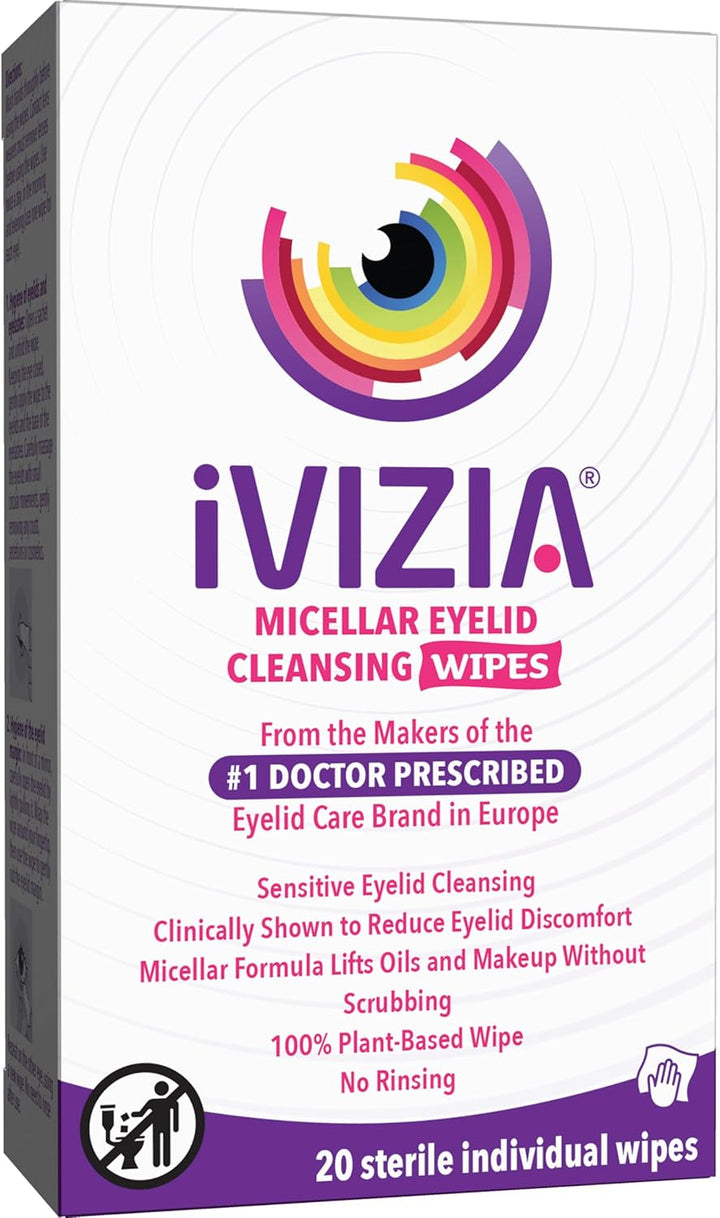 Eyelid Cleansing Wipes for Sensitive Eyelid Cleansing, Preservative-Free, Micellar, No Rinse, Gentle Eye Makeup Remover, 20 Sterile Single-Use Wipes for Eyelids Packaging May Vary