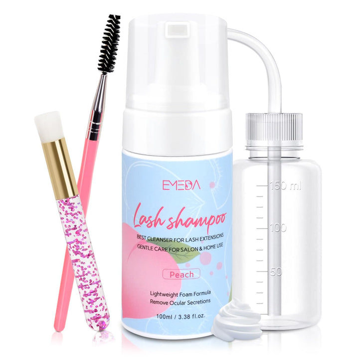Lash Shampoo Kit - 3.38 Fl.Oz / 100Ml Gentle Foam Lash Cleanser, Oil-Free Cleaning for Wash Extension/Natural Eyelash Bath with Rinse Bottle Brush