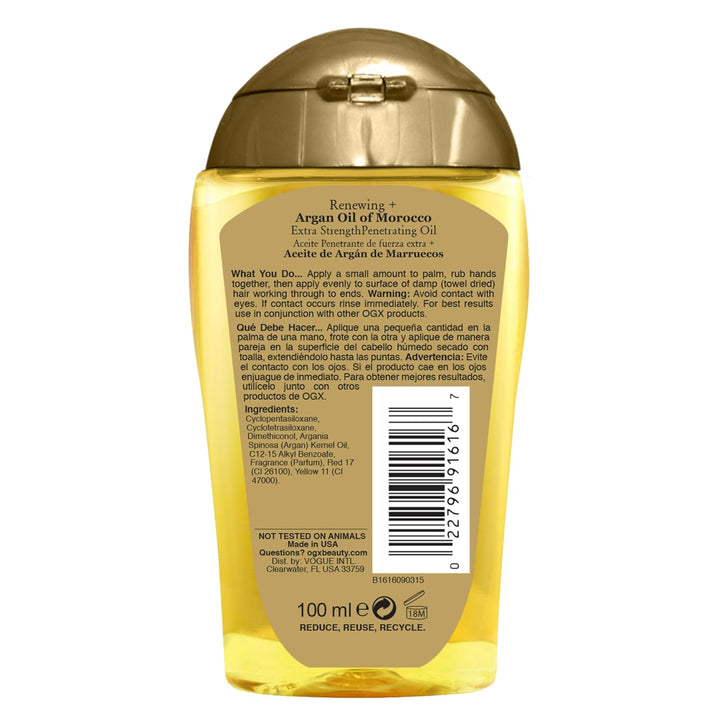 Renewing + Argan Oil of Morocco Hair Oil, Extra Strength Penetrating Serum Treatment for Dry, Damaged, Frizzy, Curly & Coarse Hair, Cold-Pressed Argan Oil, Shine, 3.3 Fl Oz