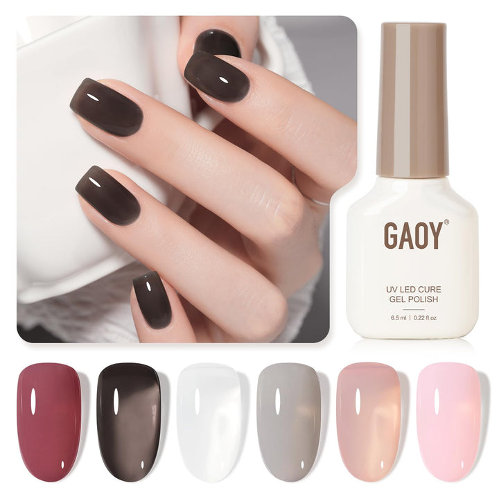 Rose Garden Jelly Gel Nail Polish of 6 Transparent Nude Red Pink Brown Colors Sheer Gel Polish Kit for Salon Manicure and Nail Art DIY at Home