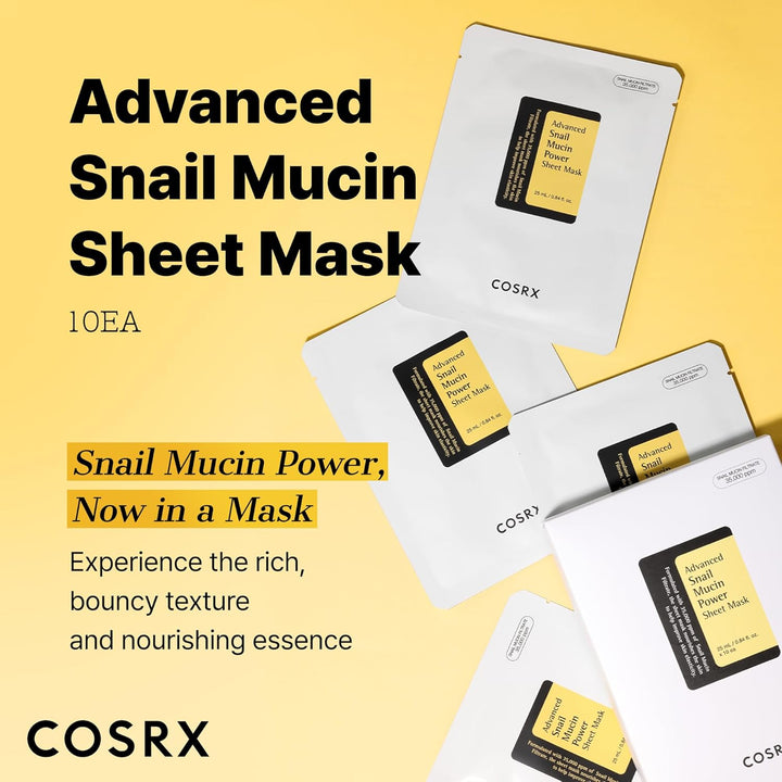 Snail Mucin Sheet Mask 10 EA with Snail Mucin Serum, Self Care, Face Masks for Dry, Sensitive Skin, Not Tested on Animals, No Parabens, No Sulfates, Korean Skin Care
