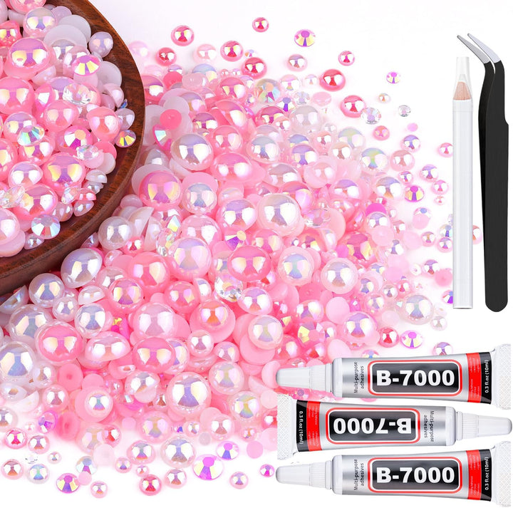 9000PCS Flatback Pearls and Pink Rhinestones for Bedazzling Kit, Pink White 3-10Mm Resin Rhinestones Gems and Half Pearls for Crafting, Nail Art and Grad Cap Decor with B7000 Jewelry Glue