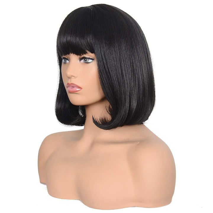 Short Straight Bob Wig Heat Resistant Hair with Blunt Bangs Natural Looking Cosplay Costume Daily Wigs (14", 2# Black)