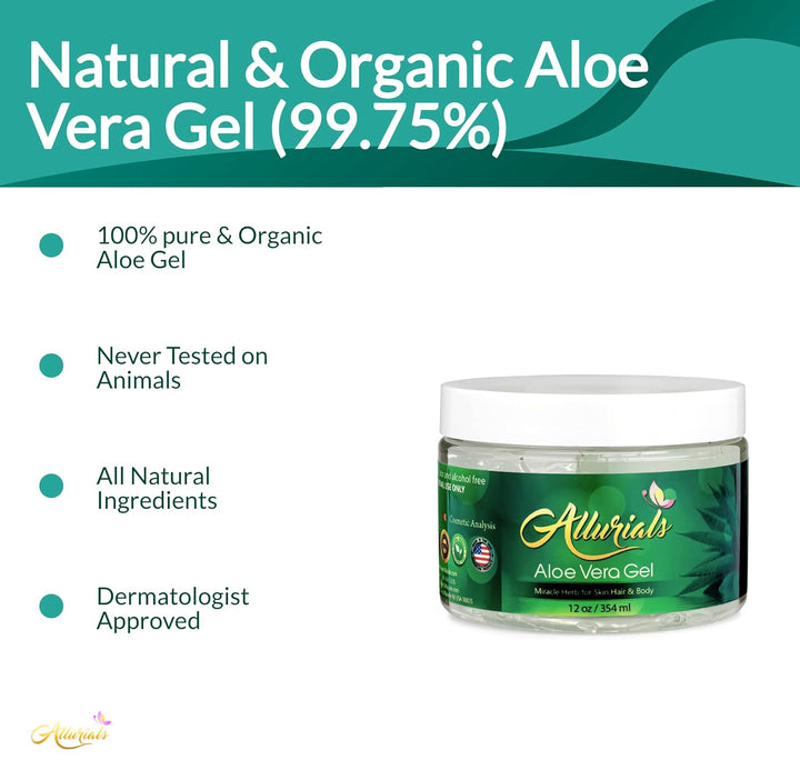 99.75% Pure & Organic Aloe Vera Gel - Made in USA, Clinically Tested & Dermatologist Approved, Hydrates & Heals Dry & Damaged Skin & Hair- 12 Oz