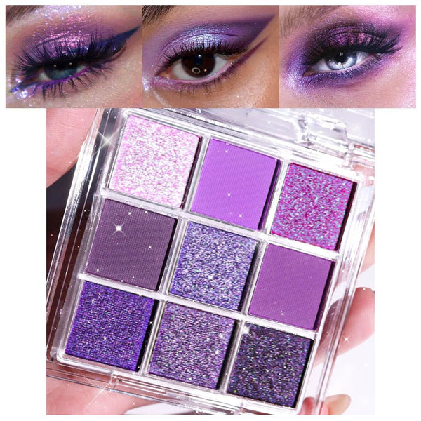 9 Colors Purple Glitter Eyeshadow Palette, Lavender Violet Purple Pink Glitter Metallic Shimmer Sparkly Eye Shadow Palette Makeup for Older Women Blue Eyes, Highly Pigmented Waterproof Eyeshadow