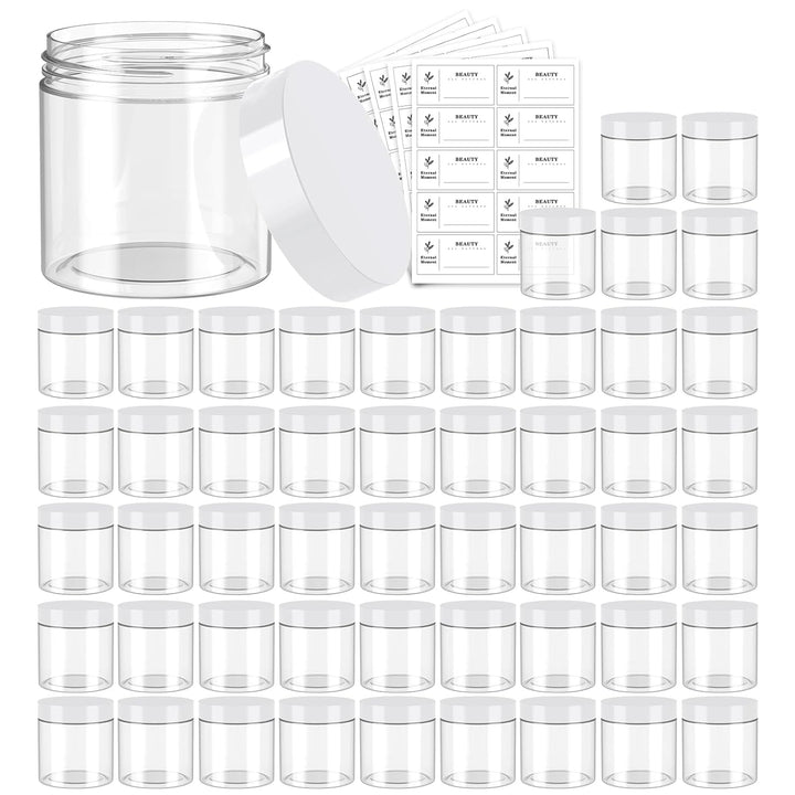 50 Pack 4 OZ Plastic Jars round Clear Cosmetic Container with Black Lids,  Slime Jars for Lotion, Cream, Ointments, Makeup, Eye Shadow, Rhinestone, Samples, Pot, Travel Storage