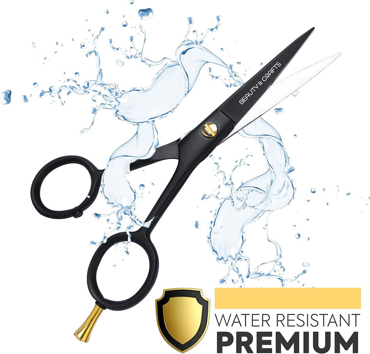 - 5'' German Beard Mustache Scissors - 2 Mustache Comb for Facial Hair with Beautiful Pouch - Beard Trimming Scissors Use for Grooming, Cutting, and Styling of Mustache (Black)