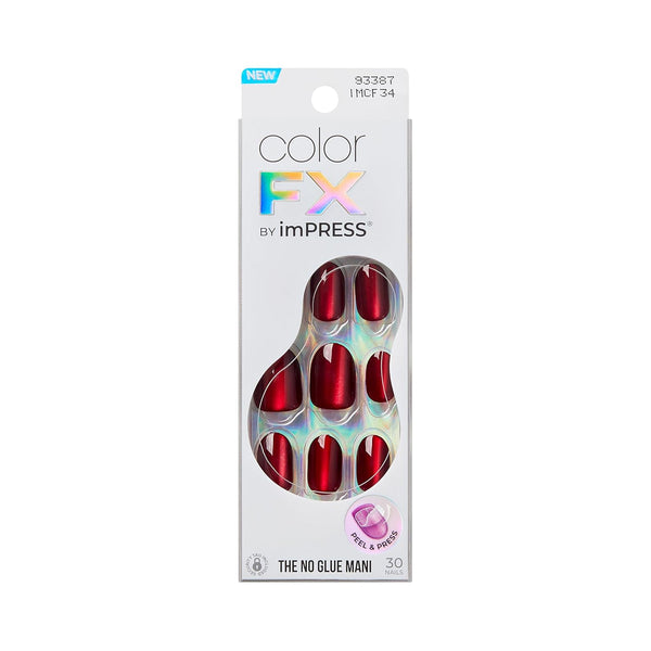 No Glue Mani Press on Nails, Color FX, 'Hidden Gem', Red, Short Size, Oval Shape, Includes 30 Nails, Prep Pad, Instructions Sheet, 1 Manicure Stick, 1 Mini File