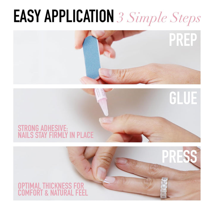 Press on Nails - Madamn | French Tip Nails, UV Finish Short Pointed Almond Shape, Salon Quality Semi-Transparent Nails in 12 Sizes - 24 Nail Kit with Glue