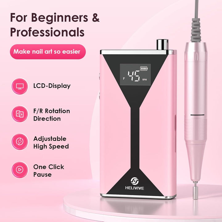 Professional Electric Nail Drill 45000RPM (Portable & Rechargeable) (With 11 Drill Bits ) Cordless Nail File Machine for Shaping, Polishing & Removing Gel Nails for Salon Home (Pink)