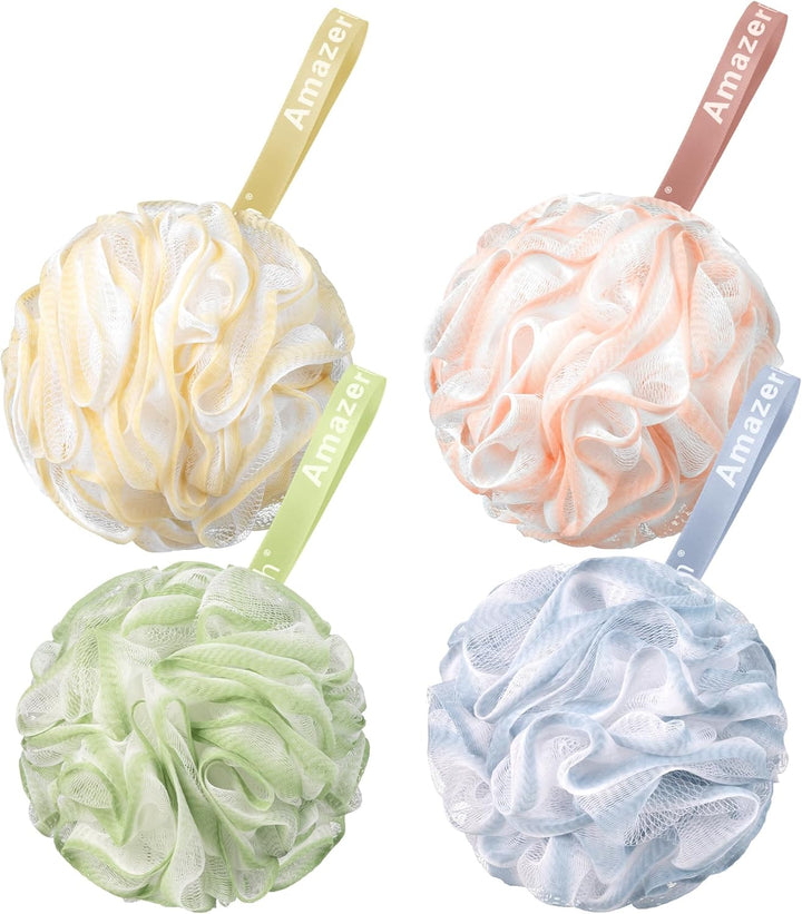 Loofah Sponge 75G/Piece, Exfoliating Bath Sponge Body Scrubber - Loofa Set of 4 Flower Color (Large, Green-Purple)