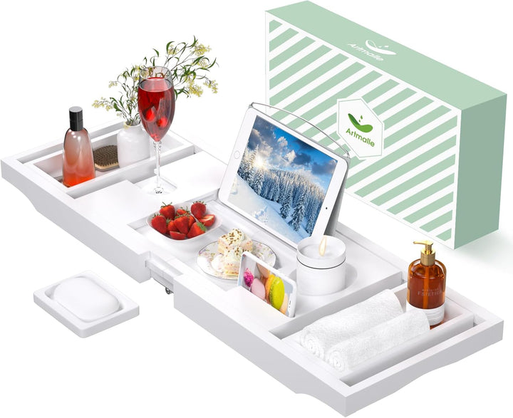 Luxury Bathtub Caddy Tray for Tub - Foldable Bamboo Bath Table Tray with Book and Wine Glass Holder, Expandable Bathroom Accessories for Spa or Reading Lite Style
