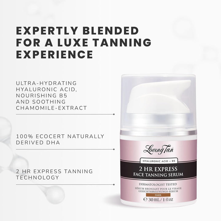 NEW 2 Hr Express Face Tanning Serum, Dark - Hydrating, Natural-Looking Glow Sunless Self Tanner, Dermatologist Tested, Lightweight, Naturally Derived DHA, Vegan & Cruelty-Free - 1 Fl Oz
