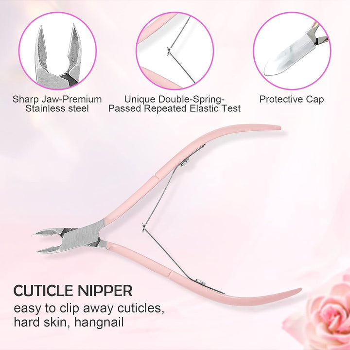 Cuticle Trimmer with Cuticle Pusher, 3 PCS Pink Nail Cuticle Nipper Professional Pedicure Manicure Tools with Stainless Steel Dual End Pusher, Nail Scraper