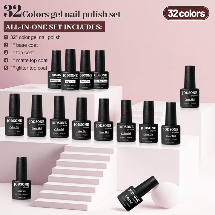 36 PCS Gel Nail Polish Set-32 Colors Gel Polish Kit Base Coat Glossy Matte and Glitter Top Coat Nail Polish Set Green Blue Red Pink Collection Gifts for Women