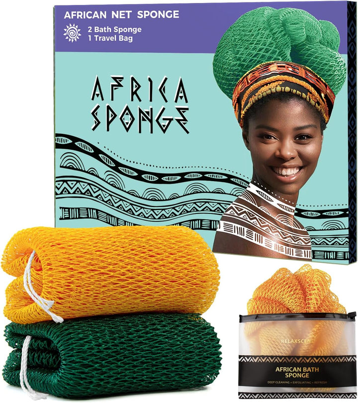 African Net Sponge Authentic - 2 Pieces Loofah Exfoliating Body Scrubber Bath Sponge - Back Scrubber Washcloth for Shower - Real African Scrub Exfoliator Body Care Bathing Accessories for Women