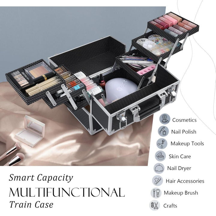 Makeup Train Case Makeup Case 11.8 Inch Large Cosmetic Box Organizer Travel Storage Professional Make up Train Carrying Case with 6 Trays Locking Hard Vanity Storage Black