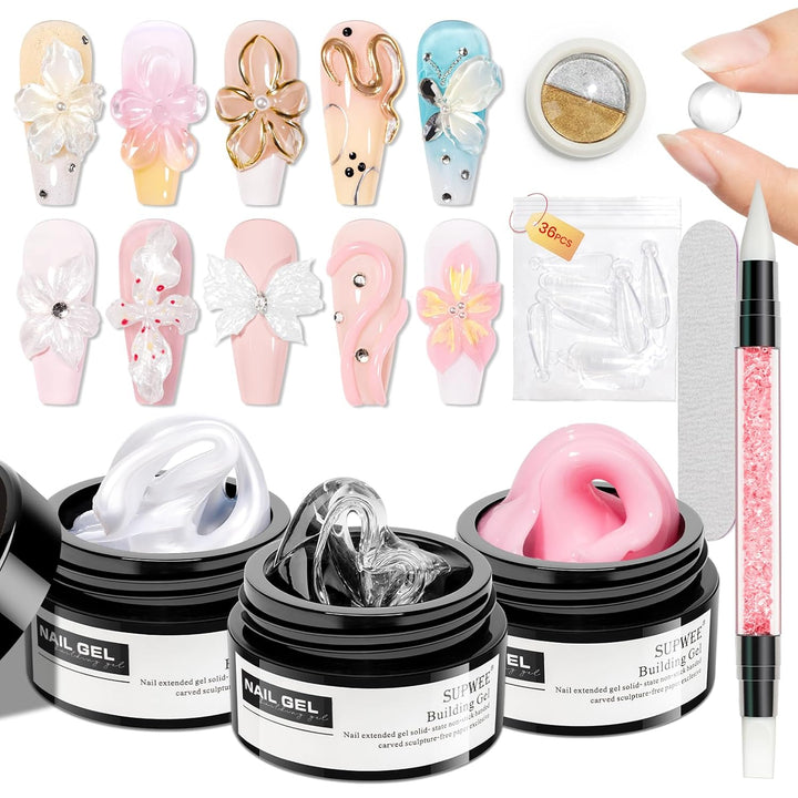 3D Nail Art Gel Clear and White Solid Builder Gel for Nails Non-Stick Hand Sculpture Hard Gels with Dual Form for Carving Patterns Decoration Nail Art Home Manicure DIY for Women