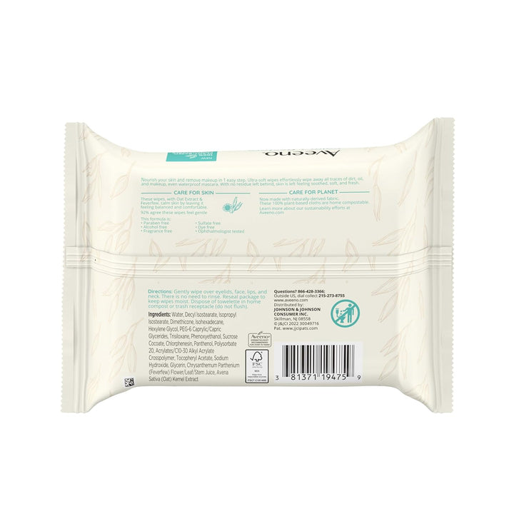 Calm + Restore Unscented Makeup Remover Face Wipes, Fragrance Free Facial Cleansing Towelettes with Oat Extract & Calming Feverfew Leave Skin Feeling Soothed, Alcohol Free, 25 Ct