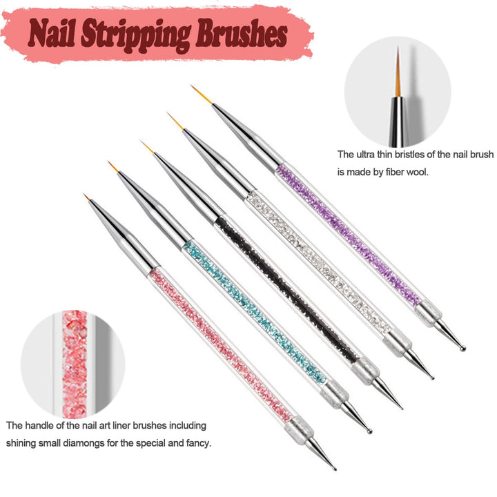 Nail Art Brushes, 5Pcs Double-Ended Acrylic Nail Brush Set with 5/7/10/12/15Mm Nail Liner Brushes and Dotting Pens for French Nails