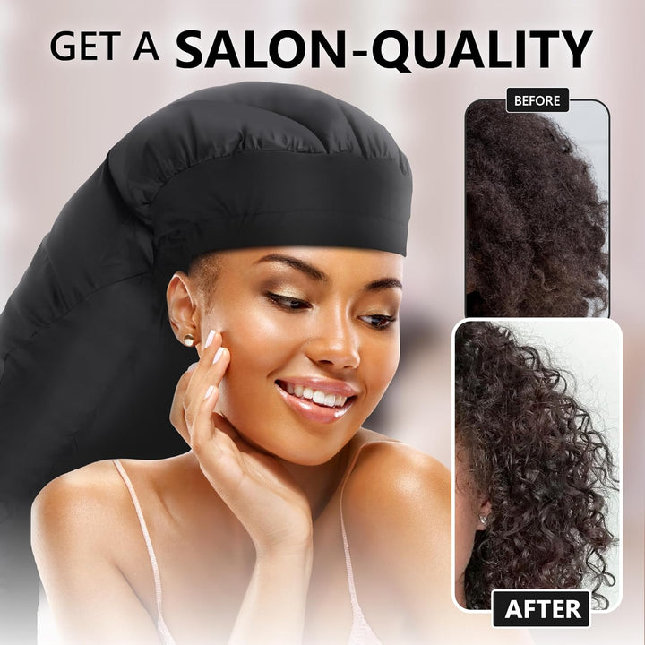 Large Hooded Hair Dryer Bonnet Attachment W/Integrated Headband - Reduces Heat Exposure around Ears & Neck - Enhanced Size for Use with Rollers, Speeds up Drying Time, Deep Conditioning at Home