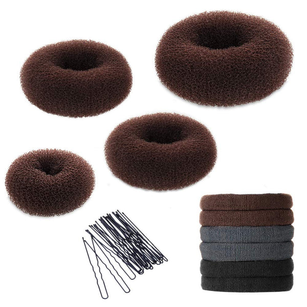 Hair Bun Maker Kit, Donut Bun Maker 4 Pieces (Large, Medium and Small), 6 Pieces Elastic Hair Ties, 20 Pieces Hair Bobby Pins, Brown
