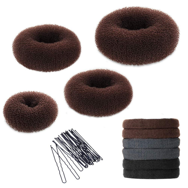Hair Bun Maker Kit, Donut Bun Maker 4 Pieces (Large, Medium and Small), 6 Pieces Elastic Hair Ties, 20 Pieces Hair Bobby Pins, Brown