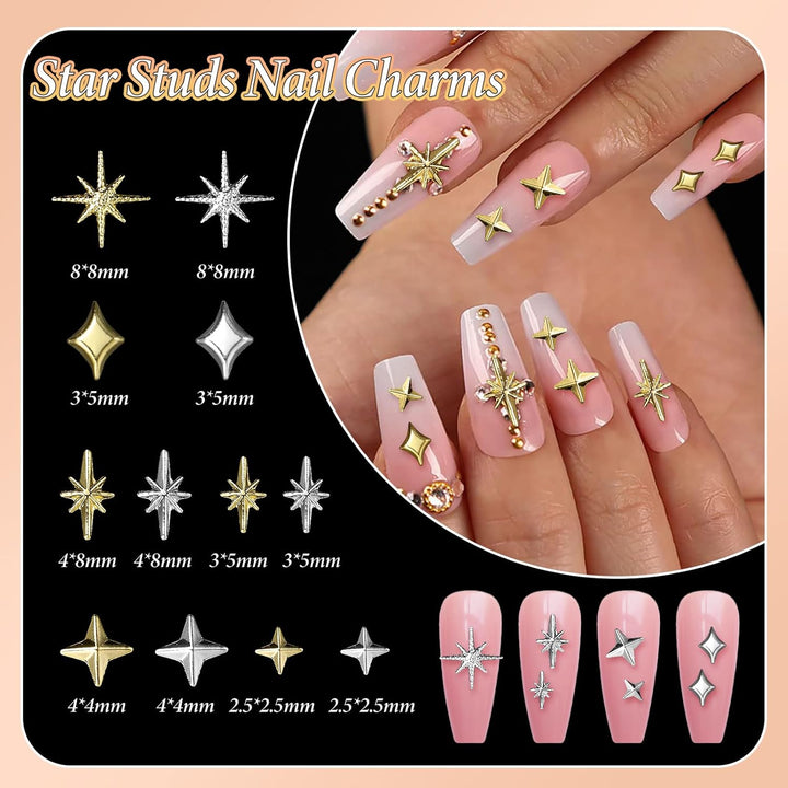 2 Boxes Gold Star Nail Gems Charms, Metal Starshine Studs, Silver Golden Micro Caviar Beads, DIY Accessories for Nail Art