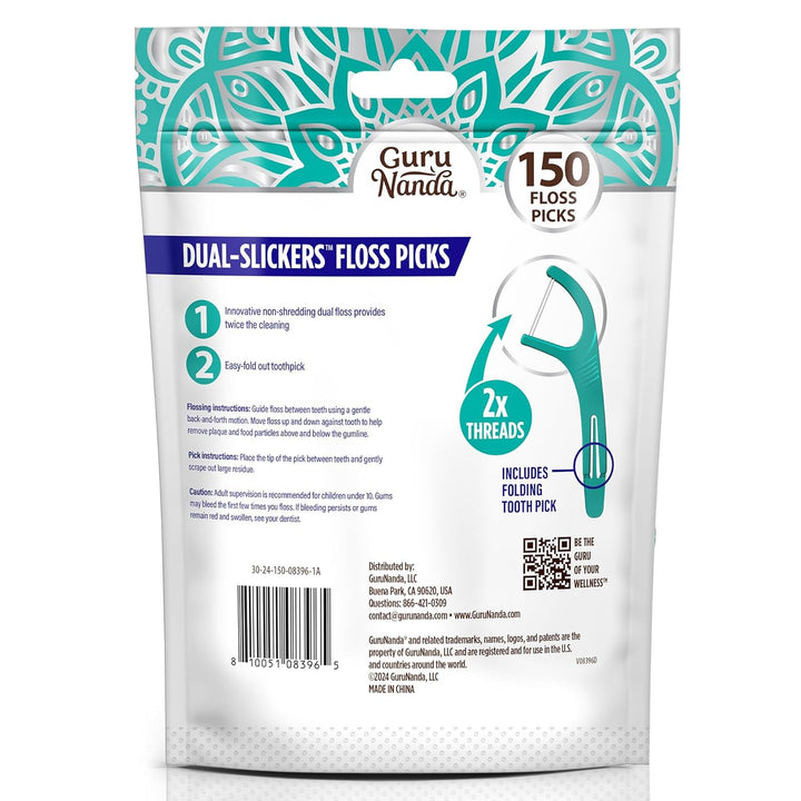 Dual Slickers Floss Picks - Double Threaded Dyneema Dental Floss with Foldable Toothpick for Effective Plaque Removal - Unflavored- 150 Ct