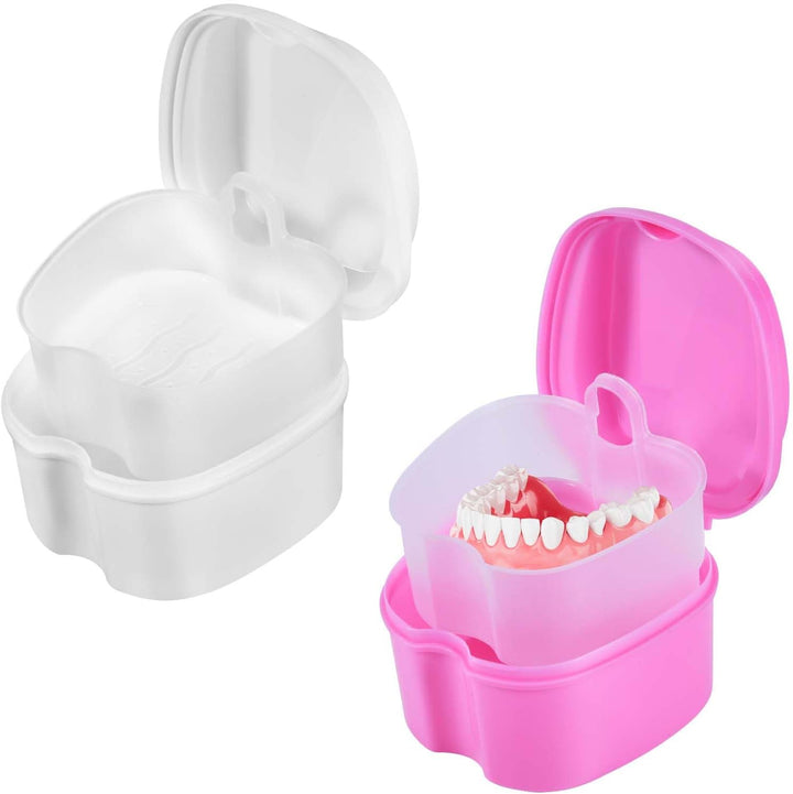 2 Pack Colors Denture Bath Case Cup Box Holder Storage Soak Container with Strainer Basket for Travel Cleaning (Light Blue and Blue)