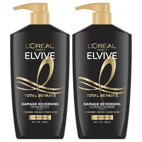 Elvive Total Repair 5 Repairing Shampoo and Conditioner for Damaged Hair, 28 Ounce (Set of 2)(Packaging May Vary)