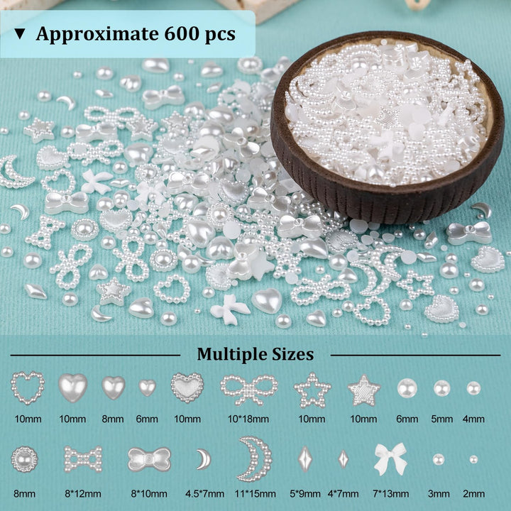 600Pcs 3D Multi Shapes Nail Charms and Flatback Pearls, White Mix Styles Heart Star Bow Sunflower Embellishments for Nail Art, Craft and Decoration with Glue Gel, Tweezer and Pickup Pencil