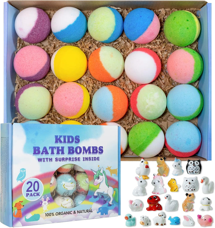 Bath Bomb Gift Set with Toys Inside, 20 Pack Organic Bath Bombs for Kids, Kids Safe Handmade Fizzy Balls for Kid, Ideal Birthday Gift for Boys & Girls