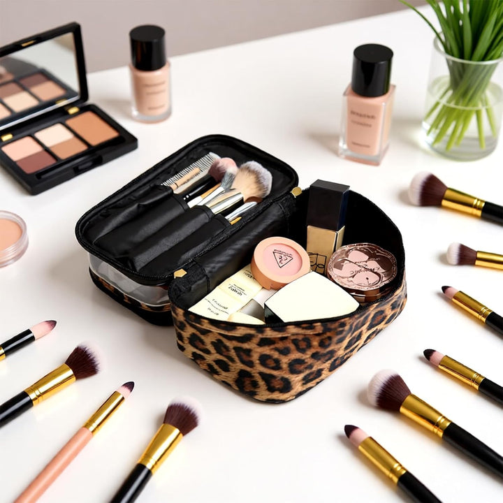 Double-Layer Cosmetic Bag Makeup Bag Travel Makeup Bag Makeup Bags for Women Cosmetics Cases Portable Waterproof Foldable (Leopard)