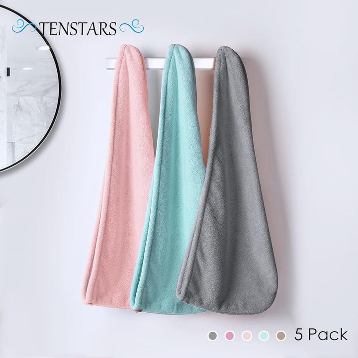 5 Pack Thicken Microfiber Hair Towel Wrap for Women - Elastic Loop Design - 320GSM Coral Velvet - Quick Dry Hair Turban - 11X28 Inch (Grey+Pink+Brown+Frozenblue+Frozenberry)