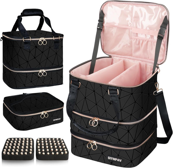 Nail Polish Organizer Bag Holds 84 Bottles (15Ml/0.5Fl.Oz)& Nail Lamp, 3 Layers Detachable Nail Kit Storage Case PU Leather, Large Travel Nail Supplies Shoulder Bag for Manicure Tools (Black)