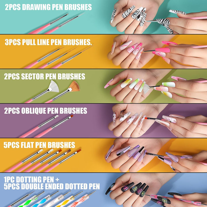 Acrylic Nail Kit with Chrome Powder, Almond Tips, Art Brushes, Charms, 3D Gel, Tools, Stand - Beginner Set