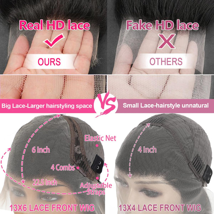 13X6 Body Wave Pre Plucked Human Hair HD Transparent Lace Front Wigs, 180% Density Glueless Lace Frontal Wigs with Baby Hair for Women, 26 Inch