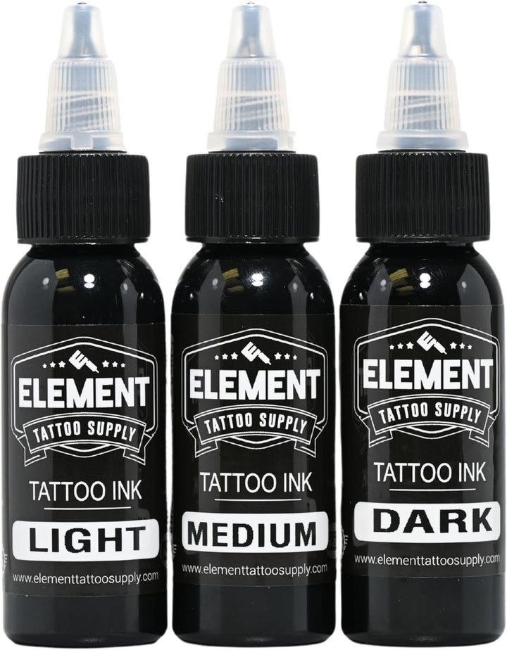 Greywash Tattoo Ink Set - Professional Tattooing, Light, Medium & Dark Shades, Includes Black & White Solid Inks for Outlining, Shading & Blending, 1 Oz Bottle (5 Pack)