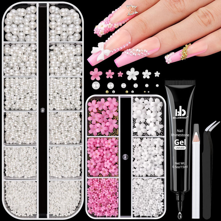 2 Boxes Flatback Pearls (White+Beige) and Metal Nail Beads (Silver+Gold) for Nail Art, Luxurious Pearl Nail Charms and Gems and Small round Caviar Beads Nail Accessories for Acrylic Nail Tips Manicure