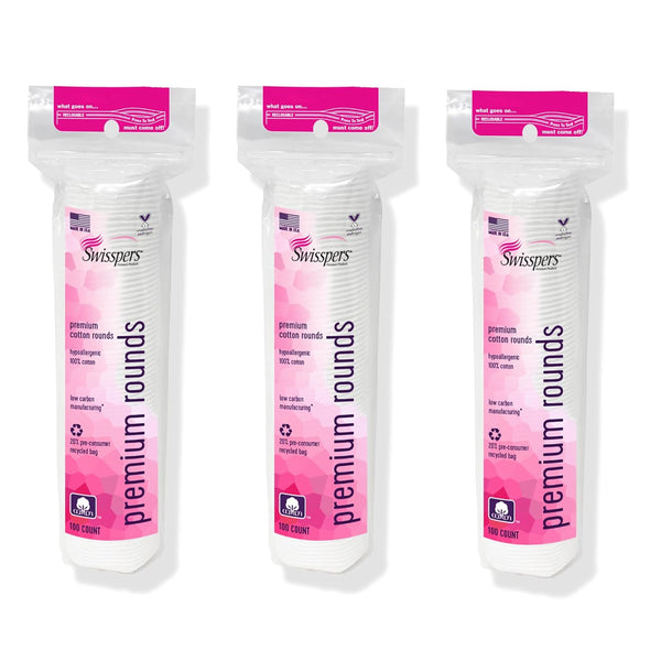 Premium Cotton Rounds - 100% Chlorine Free Cotton Face Pads for Makeup, Nail Polish Removal - Dermatologist Tested and Hypoallergenic, Made in USA - 100 Pads (Pack of 3)